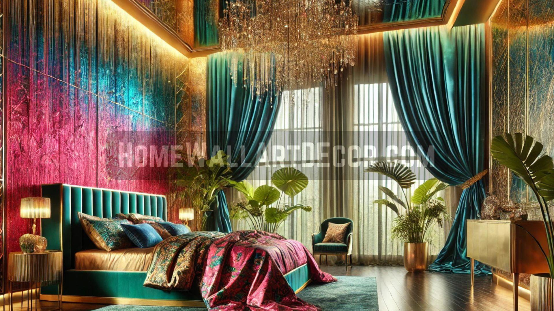 Luxury Maximalist Bedroom with Unique Decorative Wall Accents and Vibrant Metallic Ombre Design