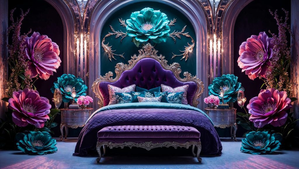 Otherworldly Floral Themed Bedroom Featuring Dreamy Wall Decorations