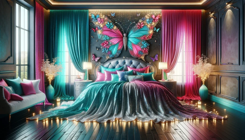 Sparkling Feminine Opulent Butterfly Dream Bedroom featuring Rich Pink and Blue Hues
