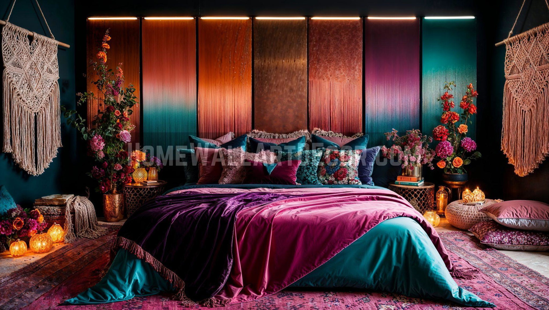 Warm Feminine Bohemian Maximalist Bedroom Featuring ombre colorful contemporary wall art