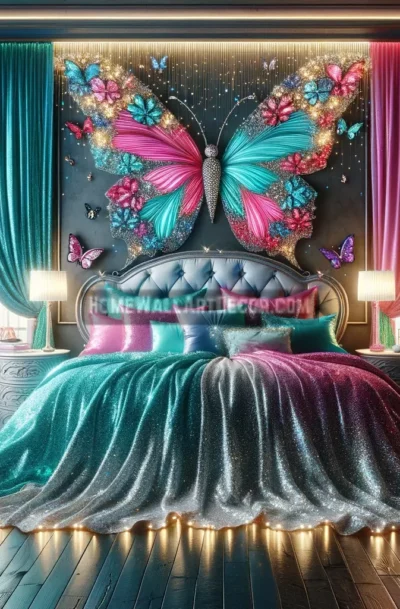Creative Uses for a Sparkling Feminine Opulent Butterfly Dream Bedroom Design Digital Home Decor Images for Purchase Online like this Sparkling Feminine Opulent Butterfly Dream Bedroom featuring Rich Pink and Blue Hues open up a world of creative possibilities for both digital and print content. Imagine using this luxurious, colorful bedroom image as the focal point on a home decor website, instantly creating a visually striking and inviting ambiance. Its radiant hues and intricate details make it an ideal visual for brands that want to showcase whimsical, high-end interiors. This design also works beautifully in promotional materials, such as brochures, ads, and catalog spreads, where its vibrant color scheme and sparkling textures can capture attention immediately. The Sparkling Feminine Butterfly Dream Bedroom embodies a sense of glamour and magic, making it ideal for marketing materials aimed at audiences drawn to bold and creative decor styles. Social media influencers, bloggers, and decor enthusiasts can use this image to inspire their followers, sharing posts that highlight the beauty of colorful and opulent decor styles. The Sparkling Feminine Opulent Butterfly Dream Bedroom resonates with audiences who appreciate elegant, playful interiors. Digital Home Decor Images for Purchase Online like this one provide a visually compelling way to establish a unique, luxurious aesthetic. This bedroom design is also a valuable asset for artists and designers working on projects that explore color, fantasy, or luxury decor themes. The rich pink and blue hues, paired with the sparkling textures and butterfly elements, add depth and charm to creative projects, making it a versatile choice for digital collages, illustrations, or virtual room designs. Lastly, this image is perfect for personal use as well, ideal for creating wallpapers, desktop backgrounds, or even printed wall art. With Digital Home Decor Images for Purchase Online like this, it's easy to bring the magic and elegance of this butterfly-themed bedroom into your everyday environment. This image captures the essence of a whimsical, feminine sanctuary, making it an ideal choice for those who love fantasy-inspired luxury.