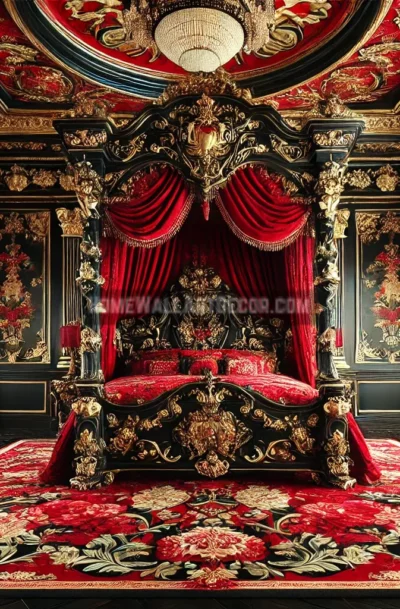 Red Black and Gold Russian Revival Bedroom Decor Idea