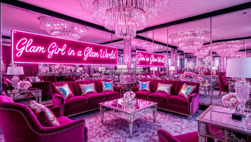 Glamorous Sparkling Pink Living Room featuring Typography Wall Decor that says Glam Girl in a Glam World 