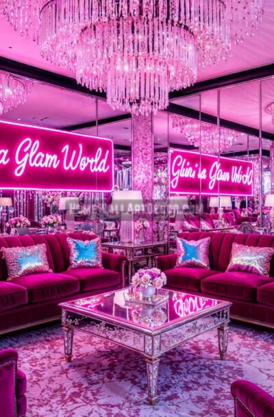 Glamorous Sparkling Pink Living Room featuring Typography Wall Decor that says Glam Girl in a Glam World