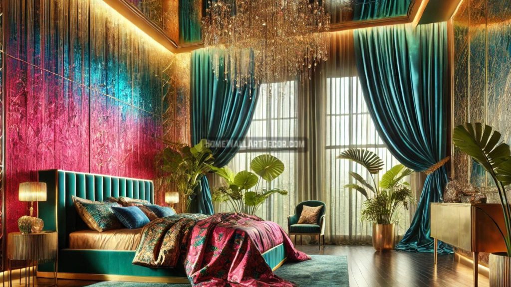 Luxury Maximalist Bedroom with Unique Decorative Wall Accents and Vibrant Metallic Ombre Design