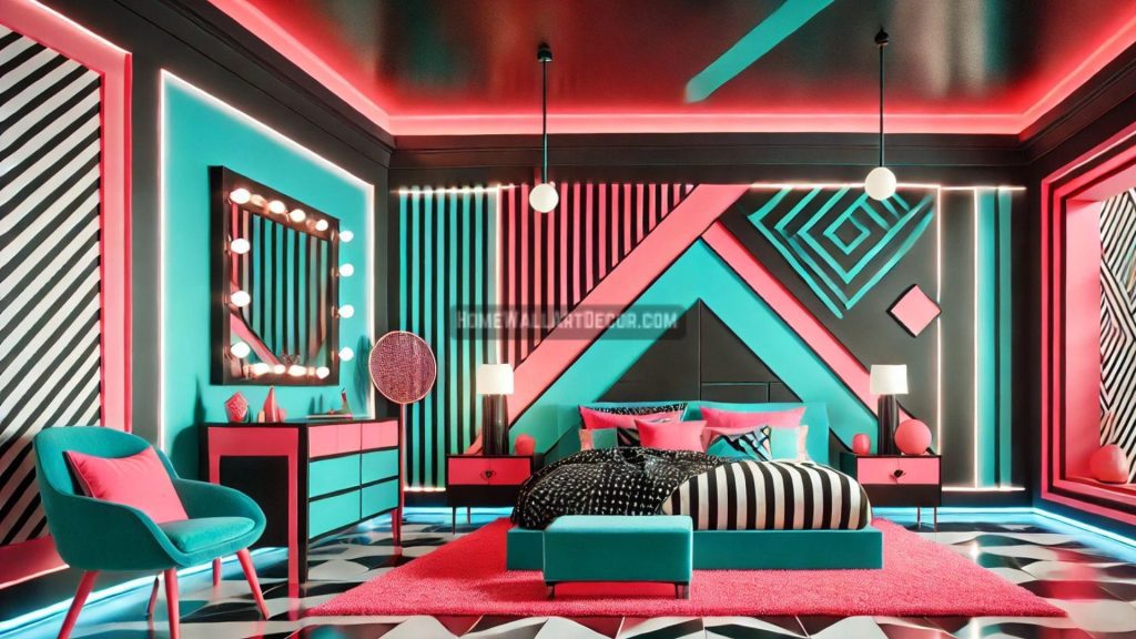 Bold Abstract Red and Blue Striped Memphis Style Interior Decorating for a bedroom