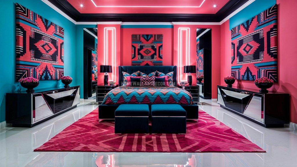 Bold Pink and Blue Sophisticated Bedroom featuring Memphis Style Interior Decorating