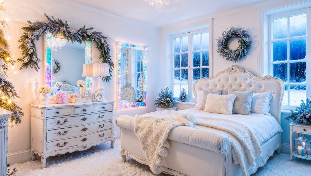 Bright White Retreat Featuring a Beautiful Shabby Chic Winter Decor Idea