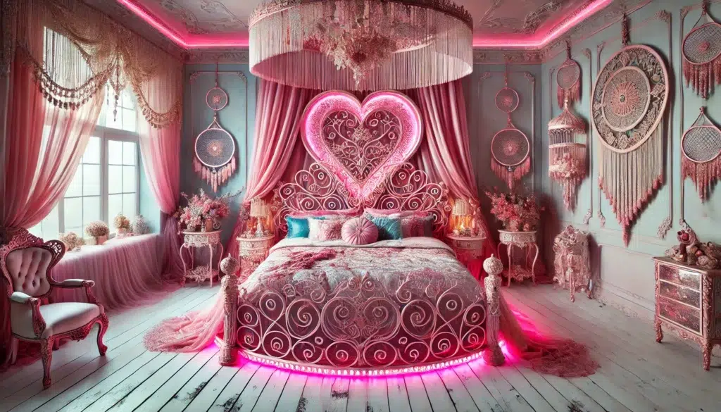 Bohemian Heart Sanctuary: Dream Romantic Bedroom with Neon Accents 