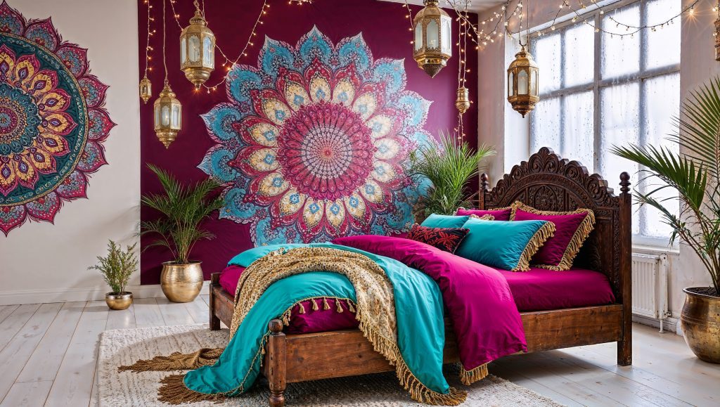Feminine Dreamy Bohemian Winter Decor Idea - Mandala Themed Bedroom
