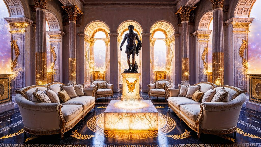Grand Dreamy Living Room with a Greco-Roman Interior Design Theme