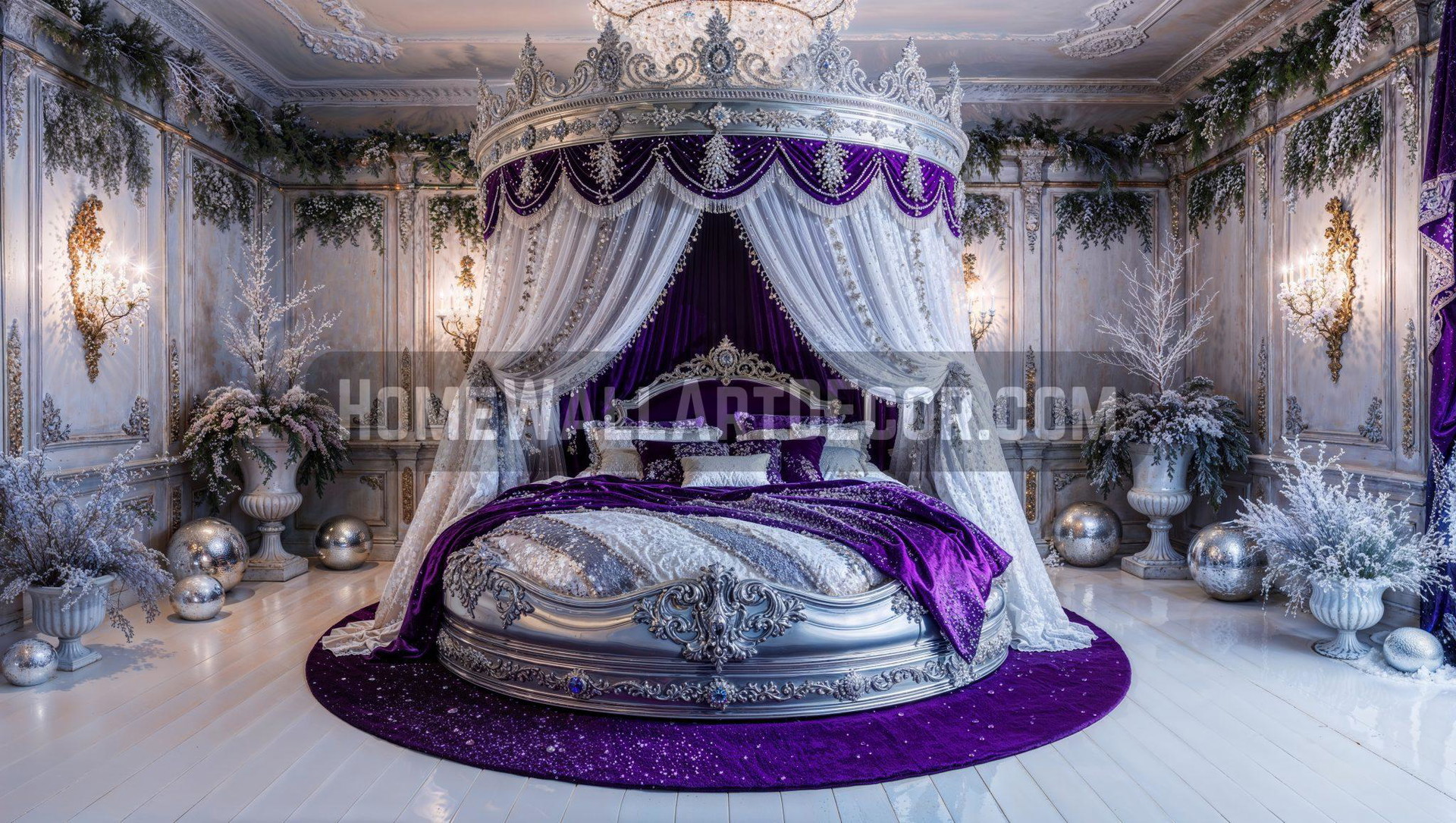 Magical Purple and White Bedroom featuring a Luxurioius Round Bed - Dream Victorian Decoration Ideas for Winter