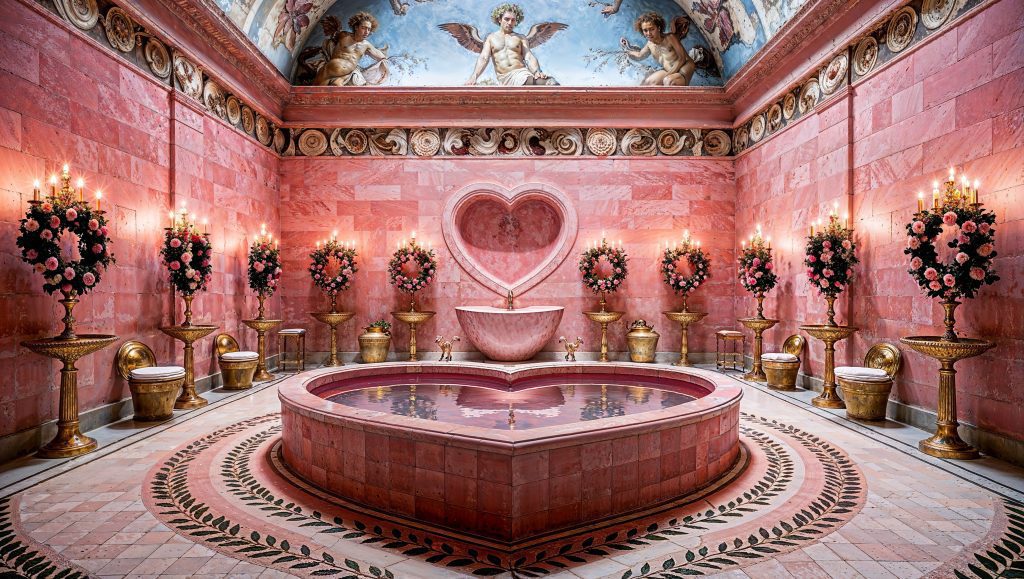 Romantic Dreamy Greco-Roman Bath Interior Design Idea featuring a Heart Shaped Bath