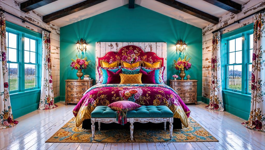 Vibrant Spring Farmhouse Interior Decorating Ideas: A Stunning Bedroom Retreat Spring farmhouse interior decorating ideas come to life in this vibrant and welcoming bedroom, showcasing a perfect harmony of rustic charm and bold elegance. This design captures the spirit of the season with its vivid colors, intricate patterns, and cozy farmhouse details that transform the space into a warm retreat. The striking turquoise walls provide a refreshing and bold backdrop, setting the stage for the vibrant floral elements that define the room. The distressed shiplap panels add rustic charm, emphasizing the farmhouse aesthetic while maintaining a balance of texture and visual interest. This pairing of bold hues with natural materials is one of the most celebrated spring farmhouse interior decorating ideas. The bed is the star of this space, featuring an ornate floral headboard that ties seamlessly with the bright and richly patterned bedding. Layers of fuchsia, teal, and mustard yellow pillows enhance the bed's visual appeal, creating a luxurious focal point. These vibrant color combinations are a hallmark of spring farmhouse interior decorating ideas, offering both energy and warmth. Floor-to-ceiling floral curtains frame the large farmhouse windows, allowing natural light to flood the room. This sunlight highlights the pristine, polished white wooden floors that add brightness and an airy feel to the space. The curtains' bold floral prints echo the bedding, creating a cohesive look that is central to spring farmhouse interior decorating ideas. Each corner of the room is adorned with thoughtful details, from the gold vases brimming with fresh spring flowers to the antique nightstands that offer a rustic touch. These accessories enhance the farmhouse charm while bringing seasonal vitality into the room. Integrating such elements is key to creating inspiring spring farmhouse interior decorating ideas. Lighting plays a significant role in this bedroom, with elegant wall sconces flanking the bed and casting a soft, cinematic glow. This lighting not only emphasizes the room's intricate details but also creates a warm and inviting ambiance. Choosing lighting that complements the design is an essential part of crafting effective spring farmhouse interior decorating ideas. The room’s finishing touches, like the vintage area rug underfoot and the carefully chosen decorative accents, complete the look. Together, these elements transform the bedroom into a spring-inspired retreat, offering both functionality and beauty. For anyone seeking inspiration, this space is a testament to the transformative power of thoughtful spring farmhouse interior decorating ideas.