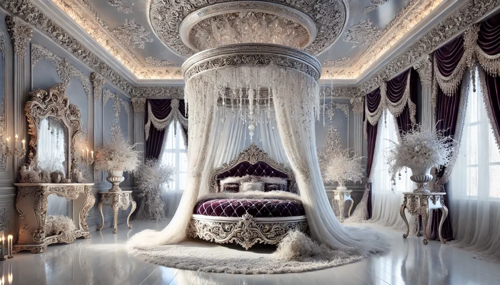 ethereal winter wonderland Victorian-themed bedroom, featuring a luxurious round canopy bed