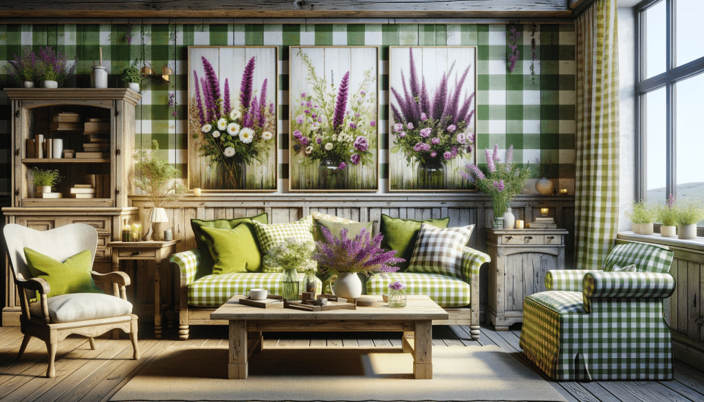 farmhouse living room featuring Lime Green and Deep Purple - Gingham Interior Decorating Ideas