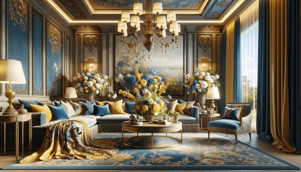 luxurious shabby chic farmhouse-living room decor ideas featuring a blue and yellow color scheme