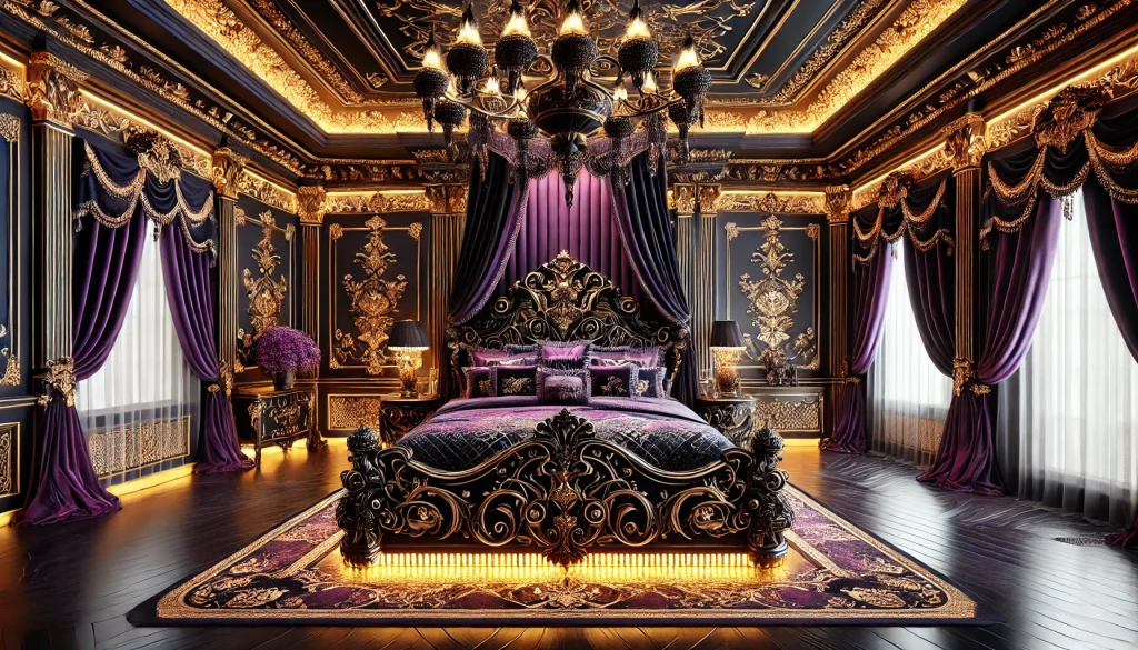 opulent Victorian bedroom with a winter theme, featuring a grand, symmetrical wrought iron bed in jet-black purple