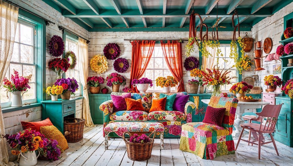Vibrant Spring Farmhouse Interior Decorating Ideas: A Burst of Seasonal Charm Spring farmhouse interior decorating ideas come to life in this vibrant, colorful living space that blends rustic charm with an explosion of floral beauty. From bold, cheerful hues to a carefully curated collection of seasonal decor, this interior captures the joy of spring in every corner, creating a cozy and uplifting environment. The room's focal point is the floral-patterned sofa, adorned with vibrant throw pillows in shades of orange, teal, fuchsia, and mustard yellow. This bold combination of colors brings energy to the space, while the patchwork-style upholstery ties in the farmhouse aesthetic, giving it a nostalgic yet modern feel. Layered with a matching bench and quilted chair, the seating arrangement invites comfort and casual elegance. Against the backdrop of distressed white wooden walls, teal-painted cabinetry and trim frame the room with a fresh, rustic look. The teal accents create a striking contrast, drawing the eye to the handcrafted shelves filled with seasonal floral arrangements, woven baskets, and antique copper pots. These small details embody the essence of spring farmhouse interior decorating ideas, blending practicality with decorative flair. Seasonal flowers in every color imaginable—deep purples, sunny yellows, fiery oranges, and soft pinks—are thoughtfully displayed in vases, planters, and baskets throughout the room. These vibrant blooms breathe life into the space, creating a sense of abundance and renewal that defines spring. The floral wreaths adorning the walls further enhance the theme, adding texture and dimension. Natural light streams through large windows dressed in breezy, sheer curtains, bathing the room in a warm glow that enhances its vibrant palette. The light, airy atmosphere underscores the welcoming charm of spring farmhouse interiors, making it the perfect setting for gatherings or moments of quiet relaxation. The farmhouse table, set against a backdrop of colorful cabinetry, acts as both a functional space and a decorative element. Its rustic wood finish pairs beautifully with the vintage-inspired chairs, while a centerpiece of seasonal flowers adds a touch of elegance. This seamless blend of functionality and beauty is a hallmark of spring farmhouse interior decorating ideas. Every corner of this room is a testament to creativity and thoughtful design, from the hanging copper pots to the cozy arrangement of cushions and quilts. It’s a space that invites you to embrace the colors, textures, and energy of spring, proving that farmhouse style can be both timeless and refreshingly vibrant.