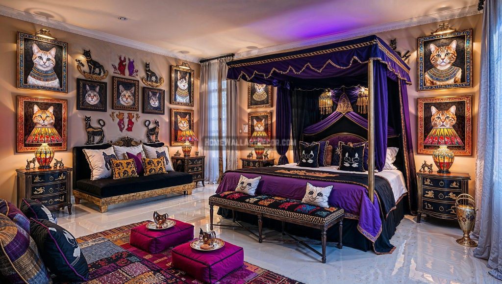 Dreamy Egyptian Bedroom Featuring Shades of Purple Gold and Black with Cat Wall Art