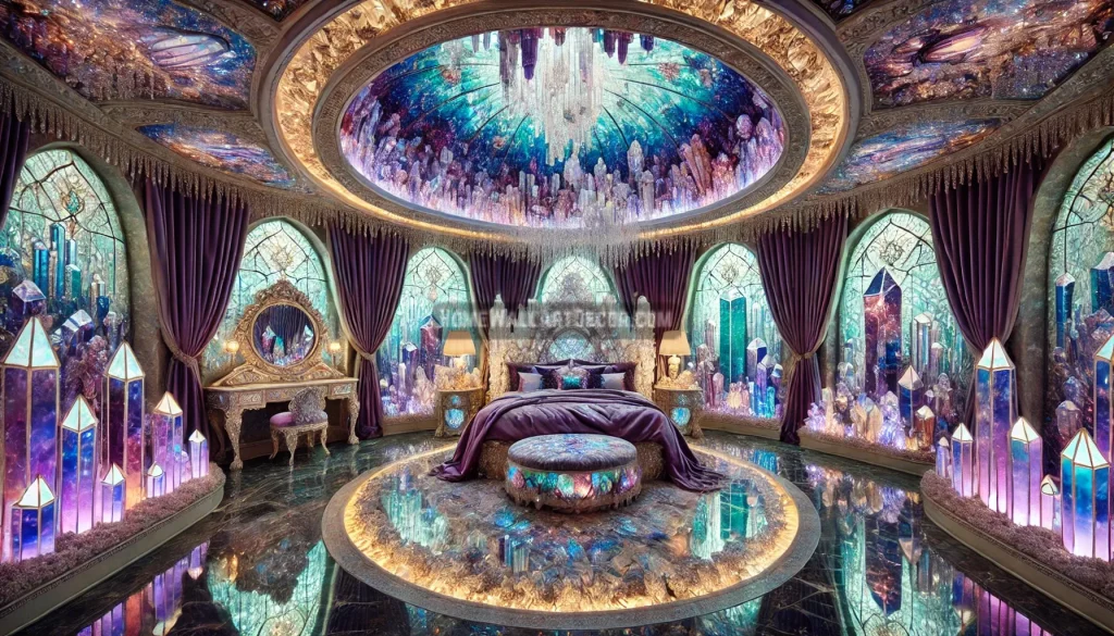 An opulent crystal cavern-inspired bedroom, 