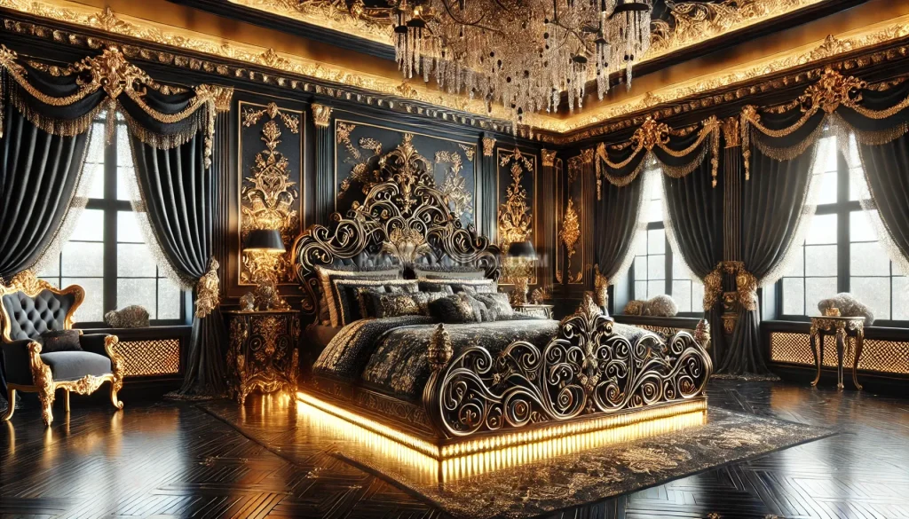 Striking opulent Victorian bedroom with a winter theme, featuring a grand, symmetrical wrought iron bed in jet black