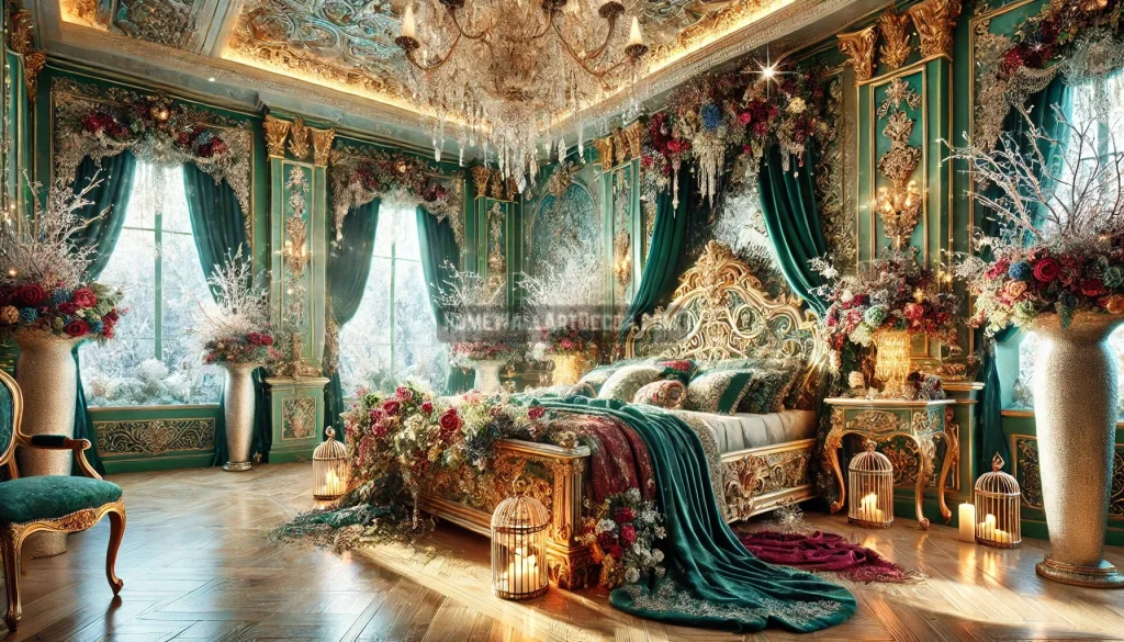 Floral Victorian bedroom with a winter garden theme, featuring a grand platform bed