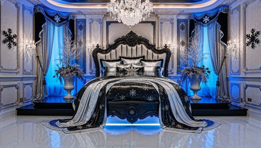 Dreamy Luxurious Winter Victorian Decor Idea featuring a Ornate Platform Bed 