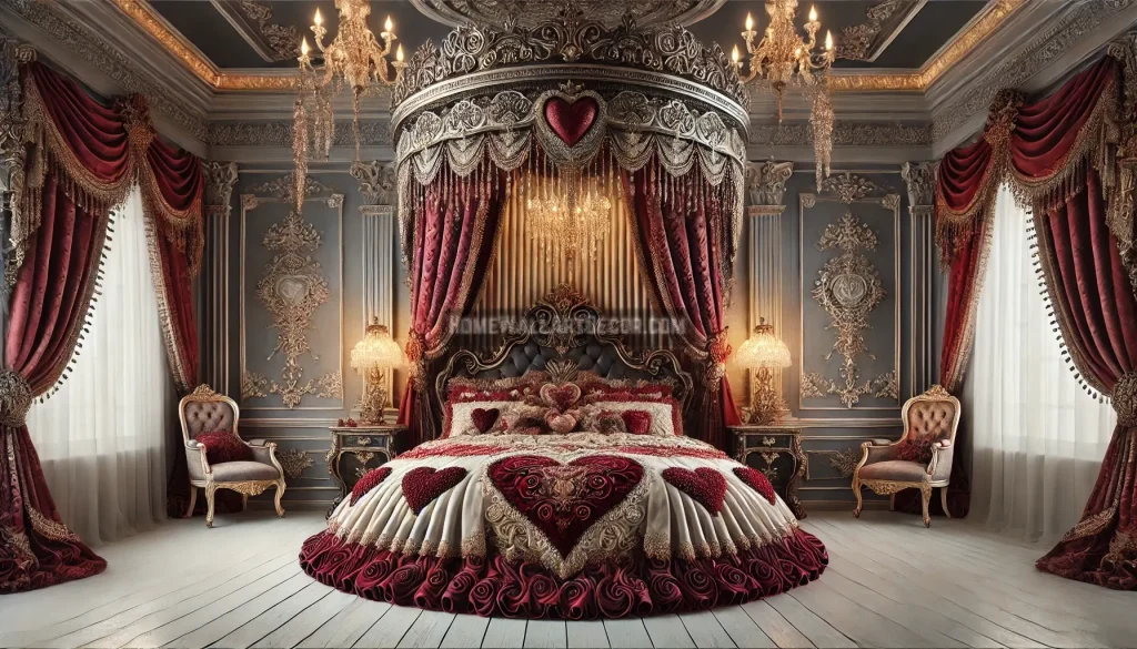 Romantic luxurious Victorian bedroom with a moody winter Valentine's Day theme
