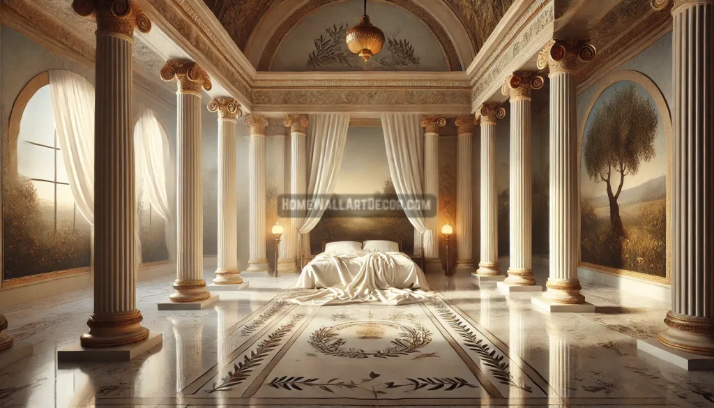 expansive Greco-Roman bedroom featuring Doric columns closely surrounding a bed