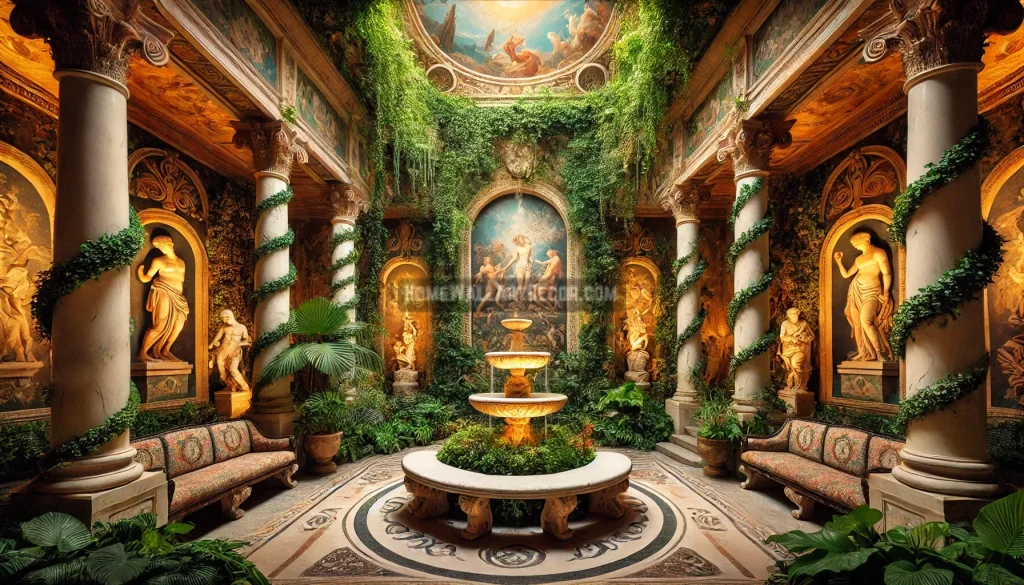 lush Greco-Roman decor ideas - atrium blending natural and mythical elements, featuring frescoes of nymphs and satyrs