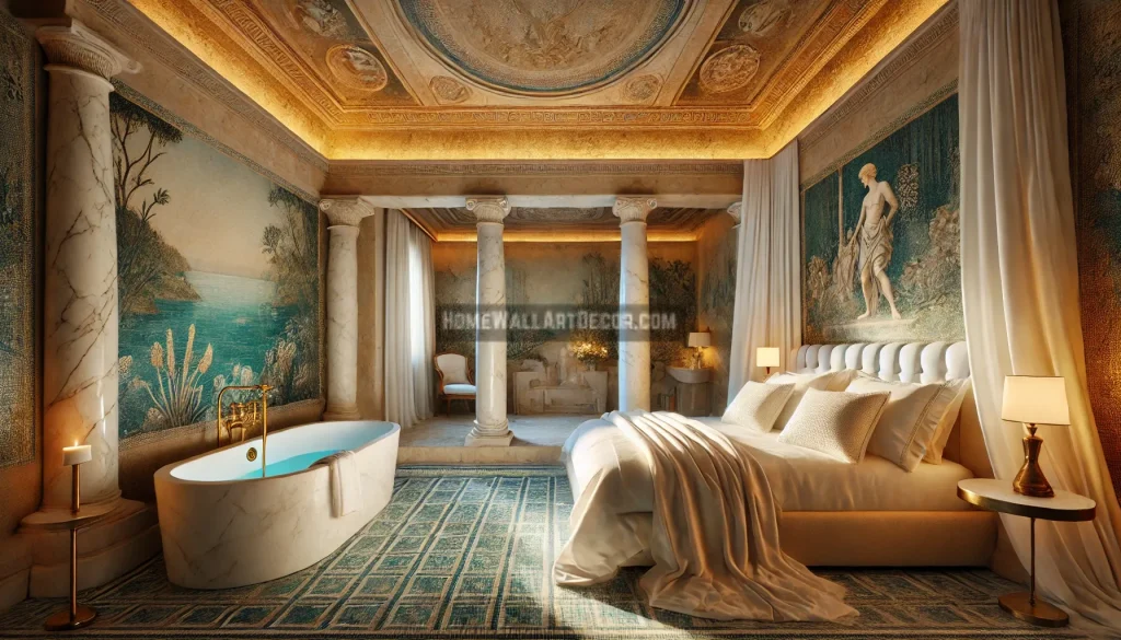 lush Greco-Roman decor ideas - atrium blending natural and mythical elements, featuring frescoes of nymphs and satyrs