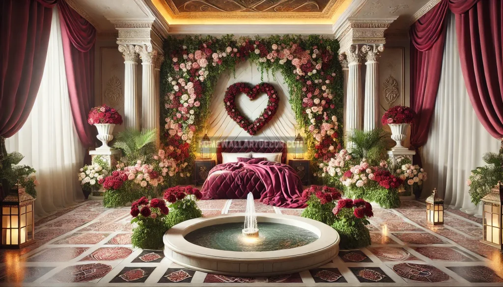 luxurious Roman-Greco bedroom featuring a beautiful water fountain