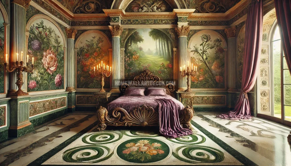 lush Greco-Roman bedroom interior design adorned with intricate floral motifs