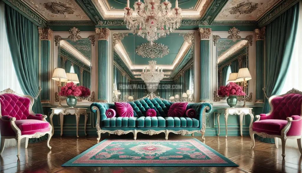 Blue and Pink luxurious Whimsigoth living room interior design Idea