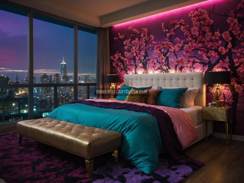 Opulent Cherry Blossom Floral Bedroom Interior Design Idea with a View