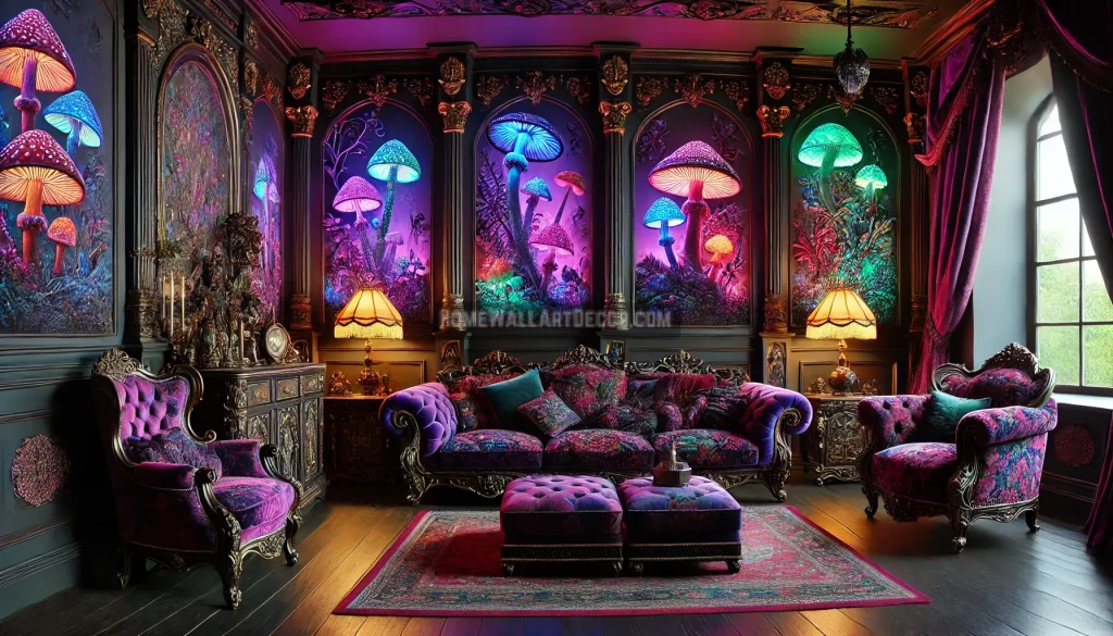Dark Victorian Living Decor Idea featuring Mushroom Wall Art