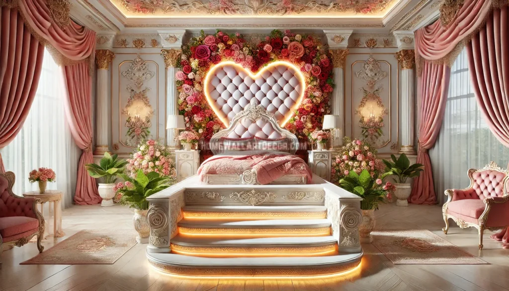 Lovely Bright White and Floral Rose Themed Romantic Bedroom Decor Idea featuring a Platform Bed