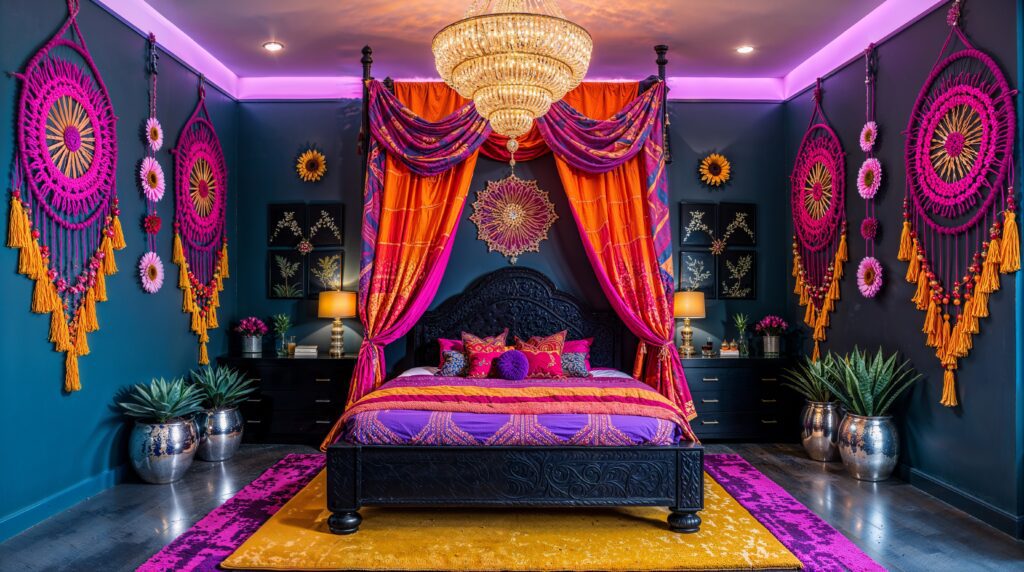 Bohemian Fall Bedrooms Canopy Drama with Moroccan Textile Luxury