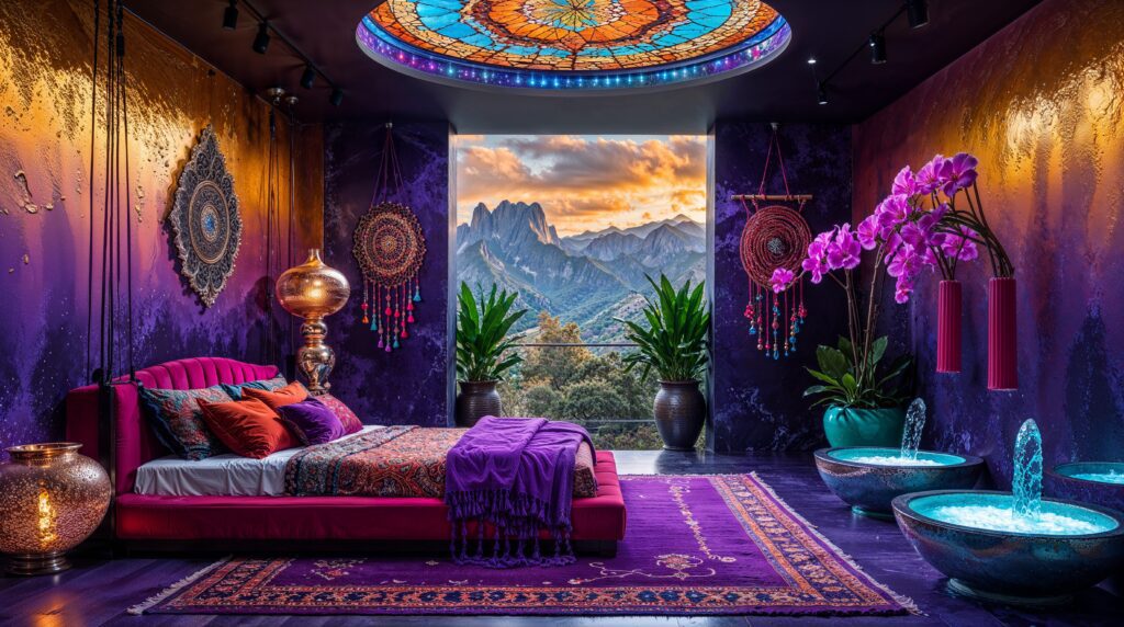 Bohemian Fall Bedrooms with Spa-Like Luxury and Mountain Views