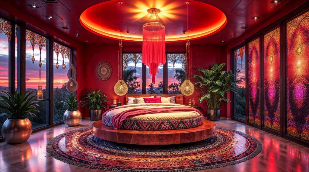 Bohemian Moroccan Bedrooms with Circular Ceiling Drama and Floor-to-Ceiling Windows