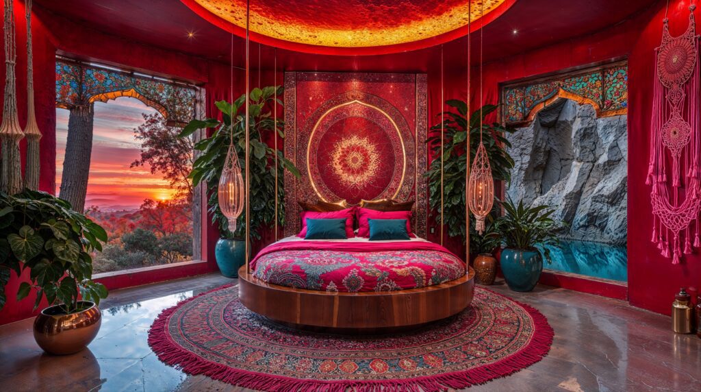 Bohemian Moroccan Bedrooms with Golden Ceiling Drama and Nature Views