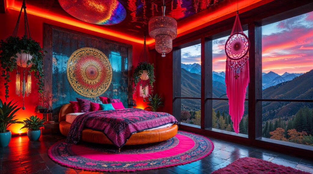 Bohemian Moroccan Bedrooms with Mountain Views and Rustic Beam Details