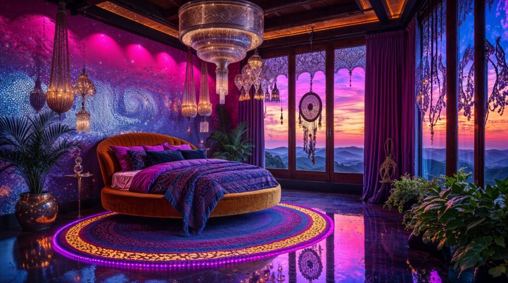 Cosmic Galaxy Moroccan Boho Bedroom with LED Lighting and Brass Accents