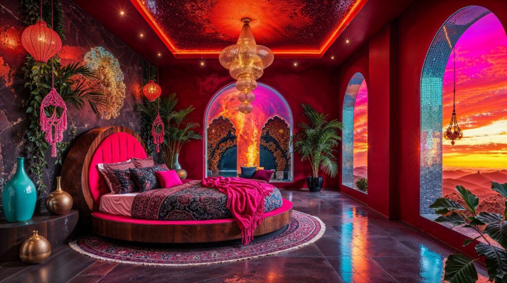 Fall Bohemian Bedroom with Arched Architecture and Sunset Views