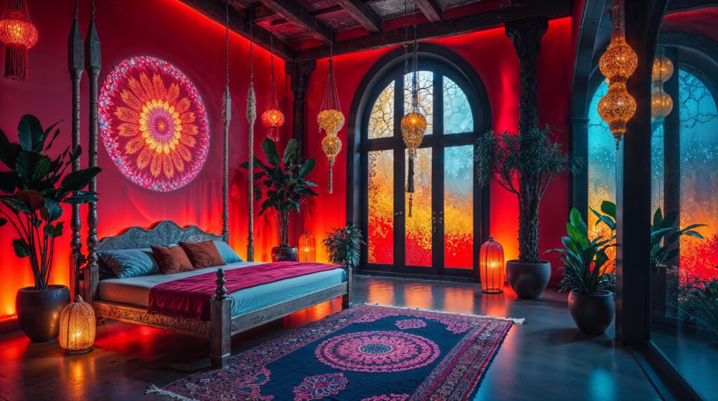 Fall Bohemian Bedroom with Exposed Beams and Mandala Wall Art