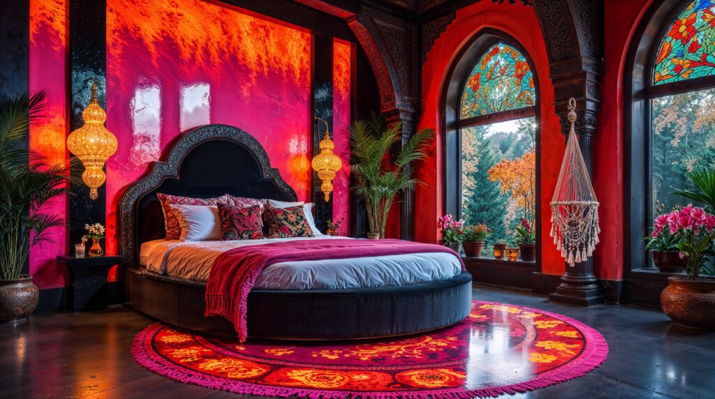 Fall Bohemian Bedroom with Gradient Walls and Classical Architecture