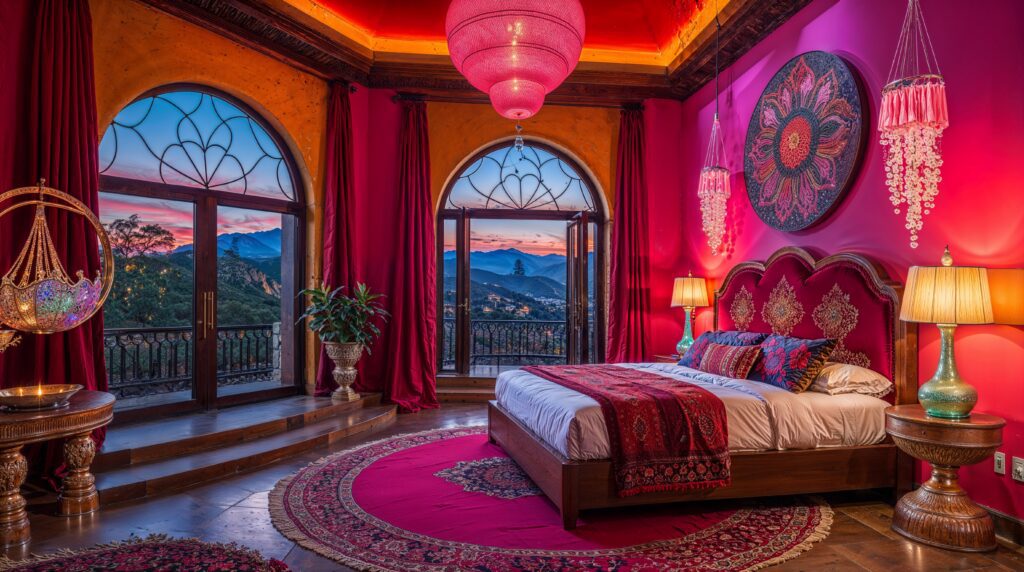 Fall Moroccan Bedroom with Arched Windows and Pink Chandelier Luxury