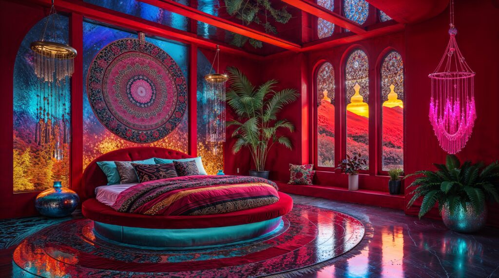 Fall Moroccan Bedroom with Coffered Ceiling and Desert Landscape Views