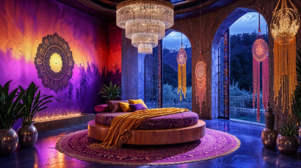 Luxurious Round Bed Moroccan Boho Bedroom with Dramatic Sunset Wall Art
